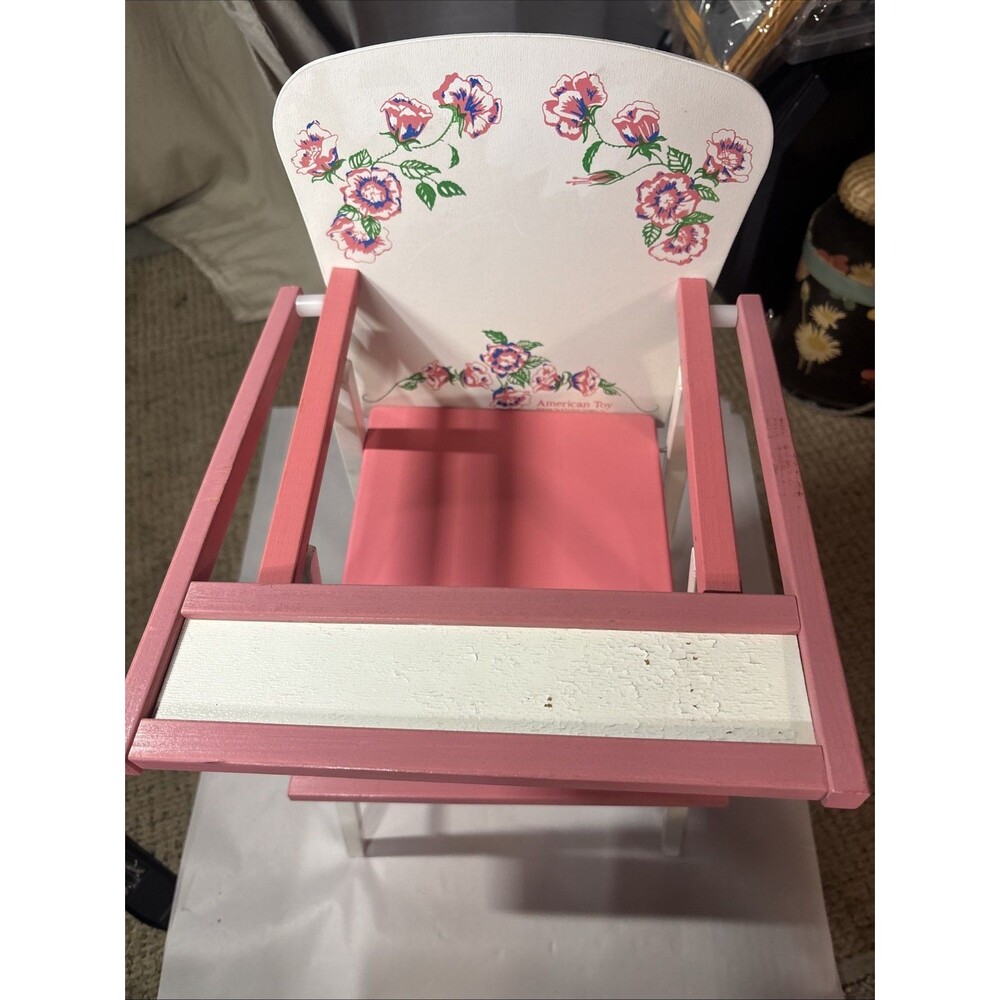 Vintage American Toy Furniture Wood Doll High Chair Pink Floral 1970s ATF